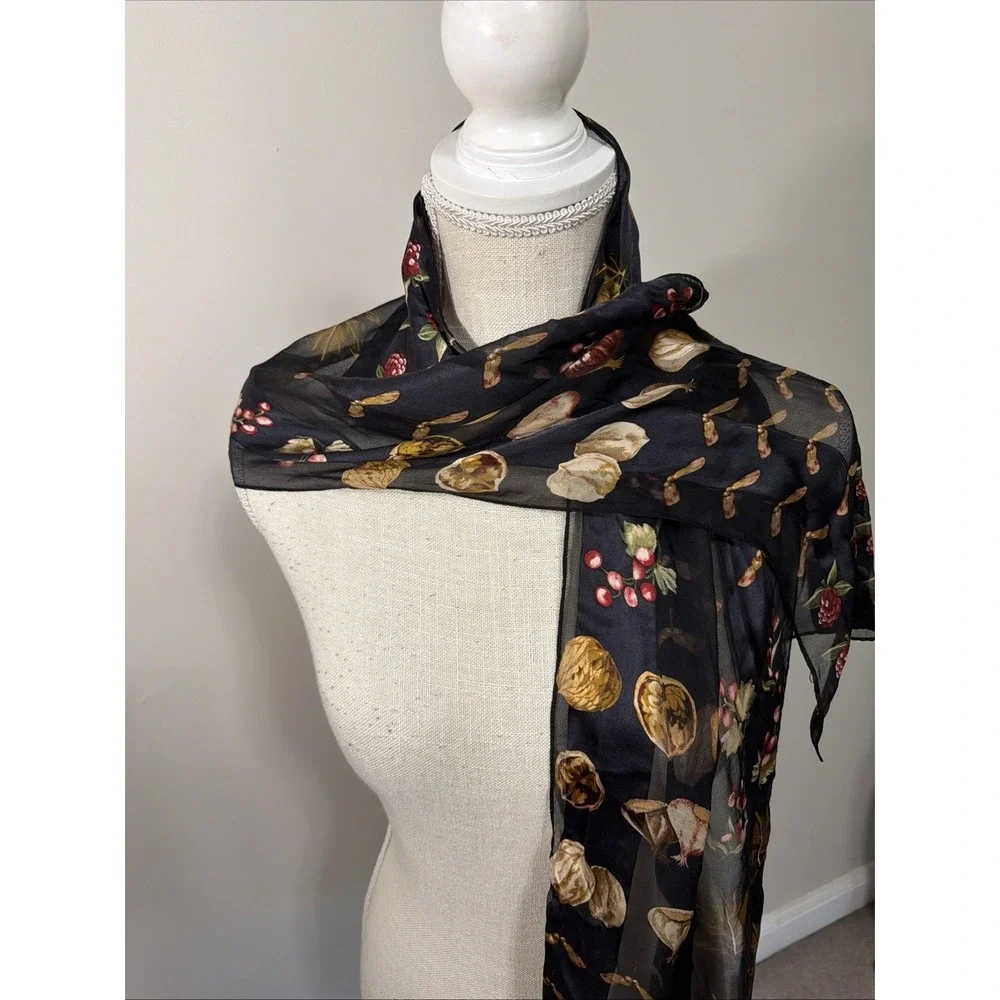Echo Silk Botanical Scarf With Nuts, Seeds, Berries On Black Signed 58